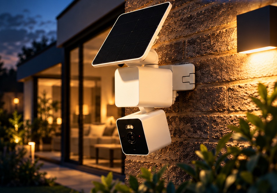 NOTABLU Solar Cam op een modern huis in de schemering