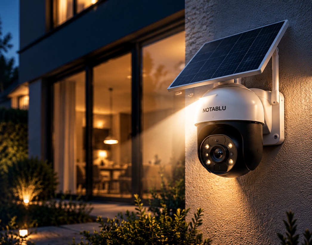 NOTABLU Solar Cam op een modern Nederlands huis in de schemering