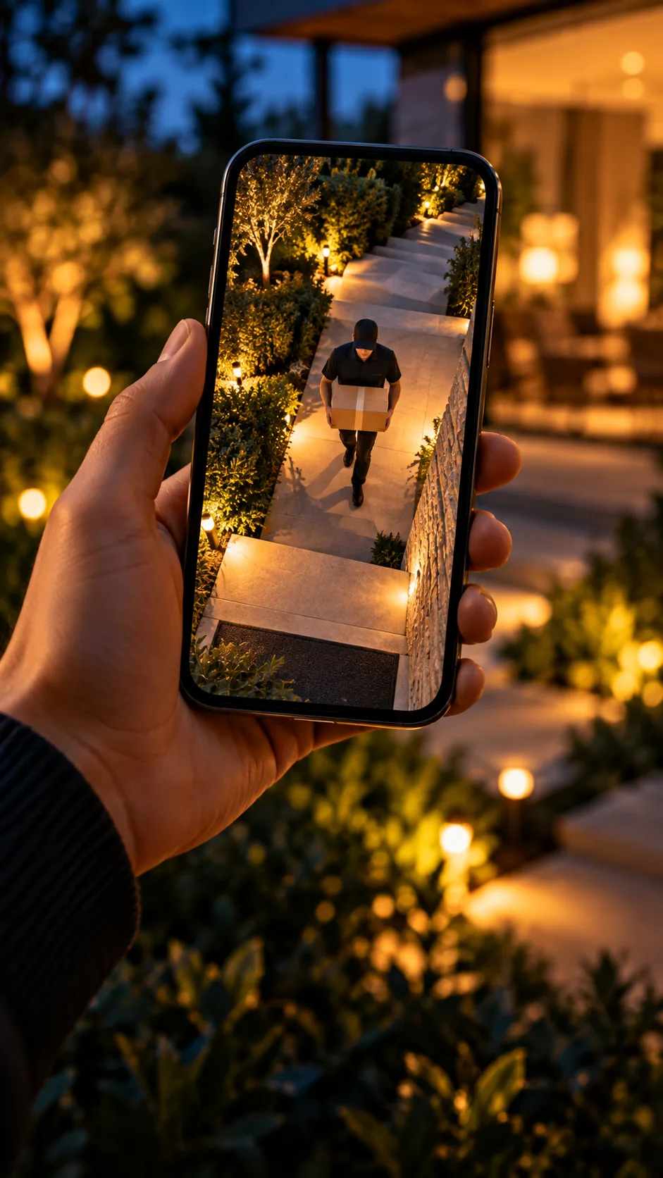 Smartphone toont live beeld van een bezorger bij de voordeur